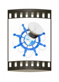 Steering wheel with Earth, and marine cap . Trip around the world concept on a white background. The film strip