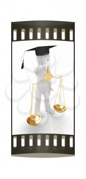 3d man - magistrate with gold scales. Isolated over white. The film strip