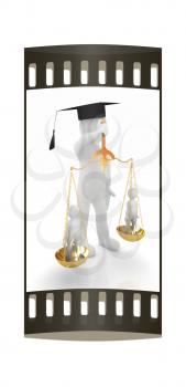 3d man - magistrate with gold scales. Isolated over white. The film strip