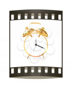 3D illustration of gold alarm clock icon on a white background. The film strip