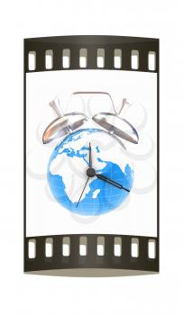 3d illustration of world alarm clock on a white background. The film strip