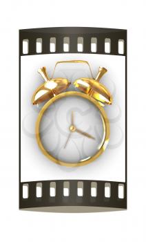 3D illustration of gold alarm clock icon on a white background. The film strip