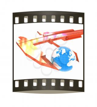 Vernier caliper measures the Earth. Global 3d concept on a white background. The film strip