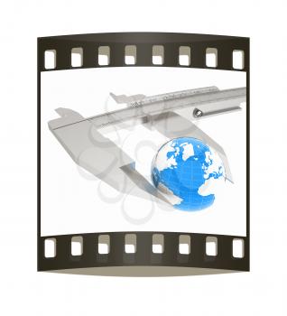 Vernier caliper measures the Earth. Global 3d concept on a white background. The film strip