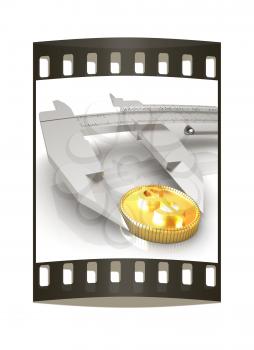 Vernier calipers with coin isolated over white background. The film strip