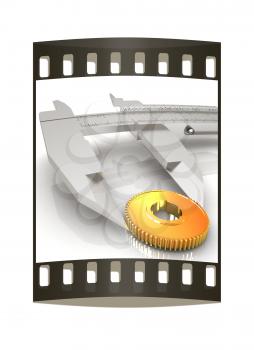 Vernier caliper measures the cogwheel on a white background. The film strip