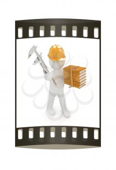 3d man engineer in hard hat with vernier caliper and best technical educational literature on a white background. The film strip