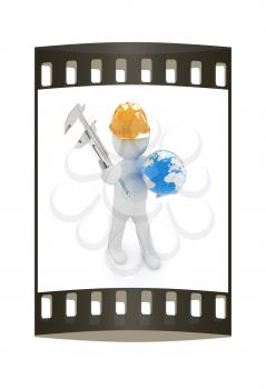 3d man engineer in hard hat with vernier caliper and Earth on a white background. The film strip