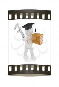 3d man in graduation hat with the best technical educational literature and vernier caliper on a white background. The film strip