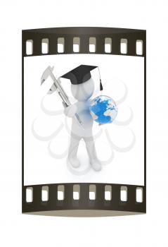 3d man in graduation hat with Earth and vernier caliper on a white background. The film strip