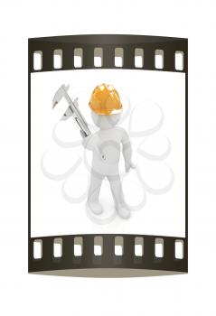 3d man engineer in hard hat with vernier caliper on a white background. The film strip