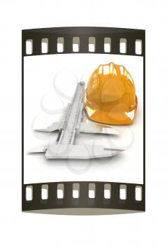 Vernier caliper and yellow hard hat 3d on a white background. The film strip