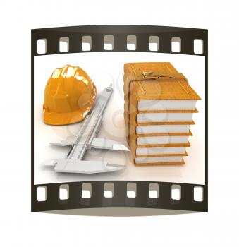 Vernier caliper, leather books and yellow hard hat on a white background. The film strip