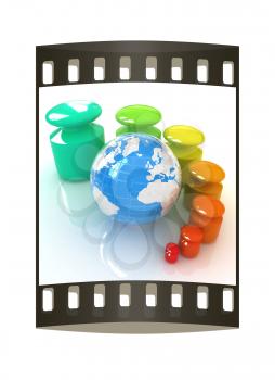 Colorfull weight scale around the Earth on a white background. The film strip