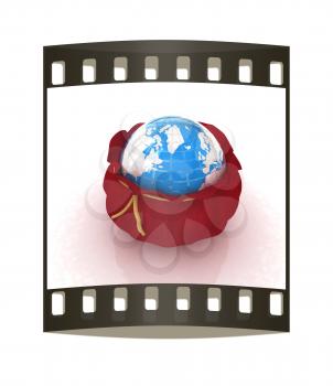 Bag and earth on a white background. The film strip