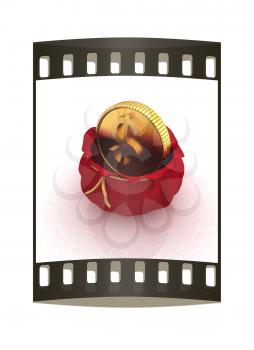 Bag and dollar coin on a white background. The film strip