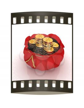 Bag and dollar coins on a white background. The film strip