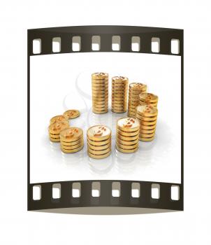 Gold dollar coin stack isolated on white. The film strip