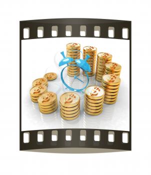 Time is money concept with alarm clock icon on a white background. The film strip