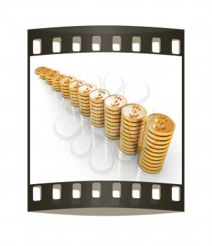 Gold dollar coin stack isolated on white. The film strip