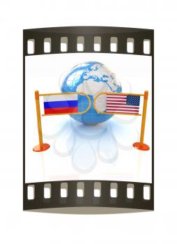 Three-dimensional image of the turnstile and flags of USA and Russia on a white background. The film strip