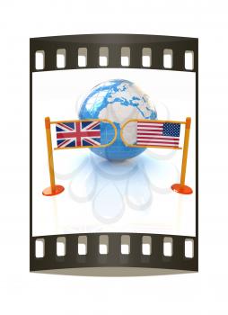 Three-dimensional image of the turnstile and flags of USA and UK on a white background. The film strip