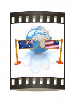 Three-dimensional image of the turnstile and flags of USA and Australia on a white background. The film strip