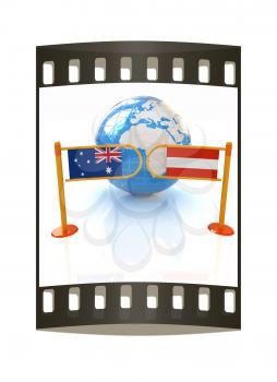 Three-dimensional image of the turnstile and flags of Australia and Austria on a white background. The film strip