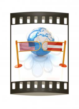Three-dimensional image of the turnstile and flags of USA and Austria on a white background. The film strip