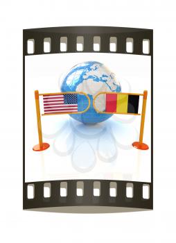 Three-dimensional image of the turnstile and flags of USA and Belgium on a white background. The film strip