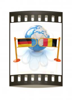 Three-dimensional image of the turnstile and flags of Germany and Belgium on a white background. The film strip