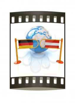 Three-dimensional image of the turnstile and flags of Germany and Austria on a white background. The film strip