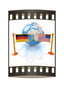 Three-dimensional image of the turnstile and flags of USA and Germany on a white background. The film strip