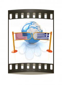 Three-dimensional image of the turnstile and flags of USA and Greece on a white background. The film strip