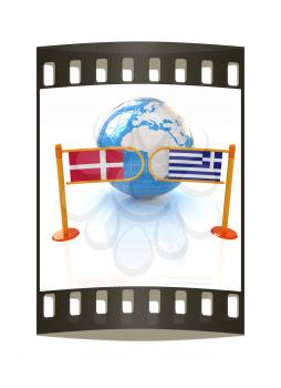Three-dimensional image of the turnstile and flags of Denmark and Greece on a white background. The film strip