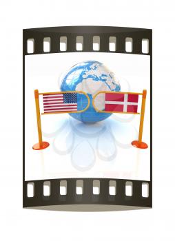 Three-dimensional image of the turnstile and flags of Denmark and USA on a white background. The film strip