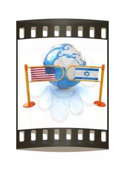 Three-dimensional image of the turnstile and flags of America and Israel on a white background. The film strip