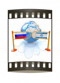 Three-dimensional image of the turnstile and flags of Russia and Israel on a white background. The film strip
