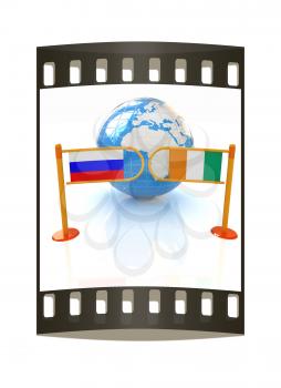 Three-dimensional image of the turnstile and flags of Ireland and Russia on a white background. The film strip