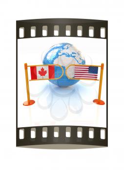 Three-dimensional image of the turnstile and flags of USA and Canada on a white background. The film strip