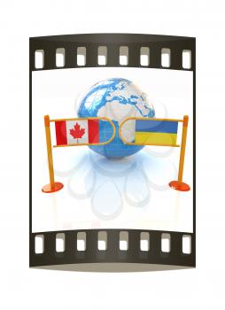 Three-dimensional image of the turnstile and flags of Canada and Ukraine on a white background. The film strip