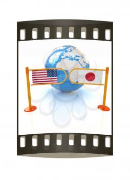 Three-dimensional image of the turnstile and flags of USA and Japan on a white background. The film strip