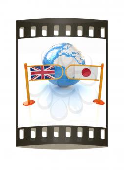Three-dimensional image of the turnstile and flags of UK and Japan on a white background. The film strip