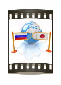 Three-dimensional image of the turnstile and flags of Japanese and Russia on a white background. The film strip