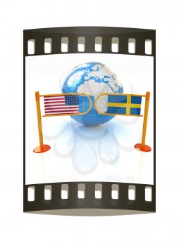 Three-dimensional image of the turnstile and flags of USA and Sweden on a white background. The film strip