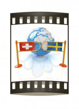 Three-dimensional image of the turnstile and flags of Switzerland and Sweden on a white background. The film strip