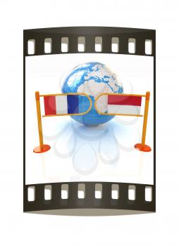 Three-dimensional image of the turnstile and flags of France and Monaco on a white background. The film strip