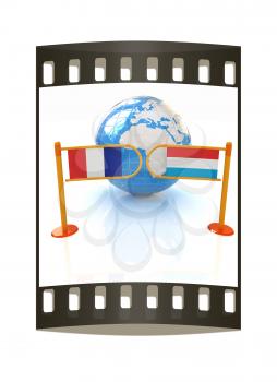 Three-dimensional image of the turnstile and flags of France and Luxembourg on a white background. The film strip