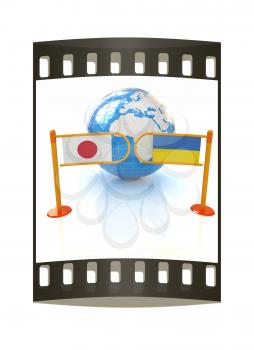 Three-dimensional image of the turnstile and flags of Japan and Ukraine on a white background. The film strip