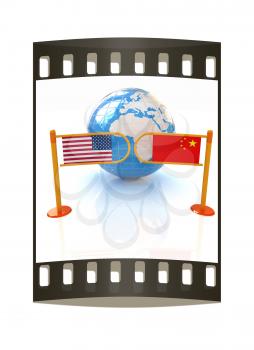 Three-dimensional image of the turnstile and flags of USA and China on a white background. The film strip